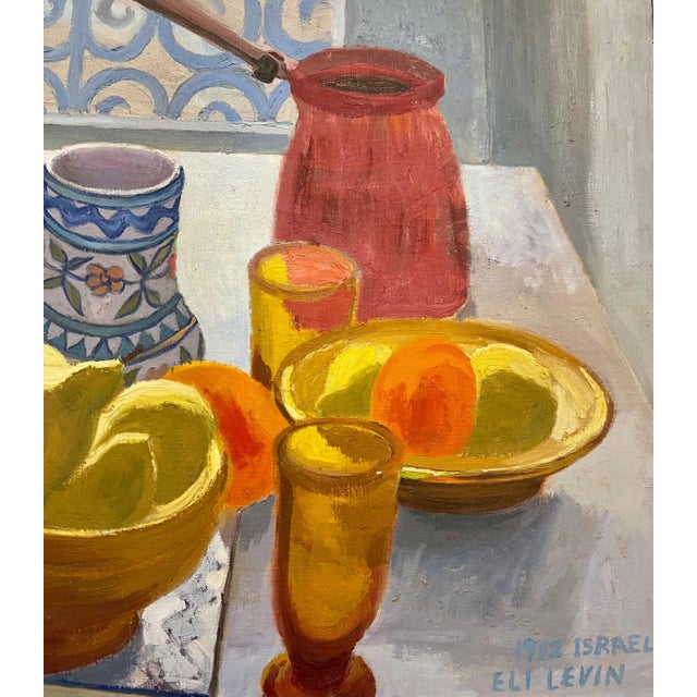 Eli Levin, Oil Painting Still Life Tablescape with Coffee & Oranges 1972 Israel Eli Levin, 1972 For Sale In Miami - Image 6 of 10