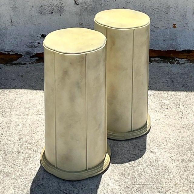 Wood Vintage Boho Faux Goatskin Pedestals - a Pair For Sale - Image 7 of 8