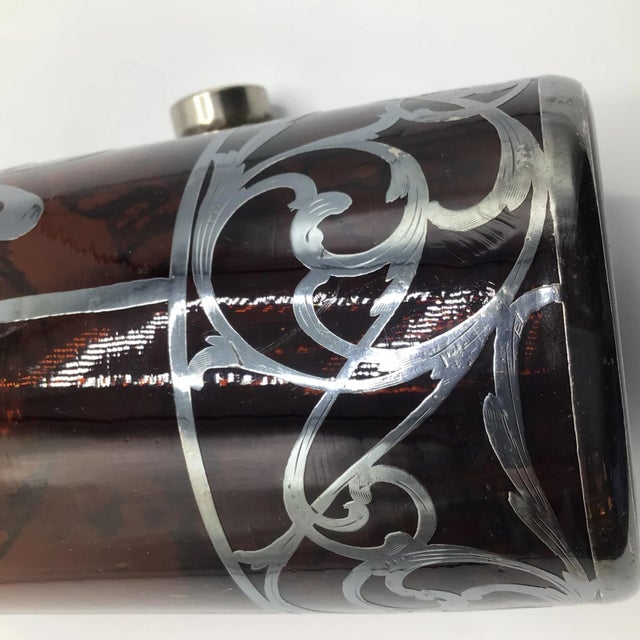 Silver Overlay Rye Decanter Antique Art Nouveau Amber Glass by La Pierre For Sale - Image 9 of 13