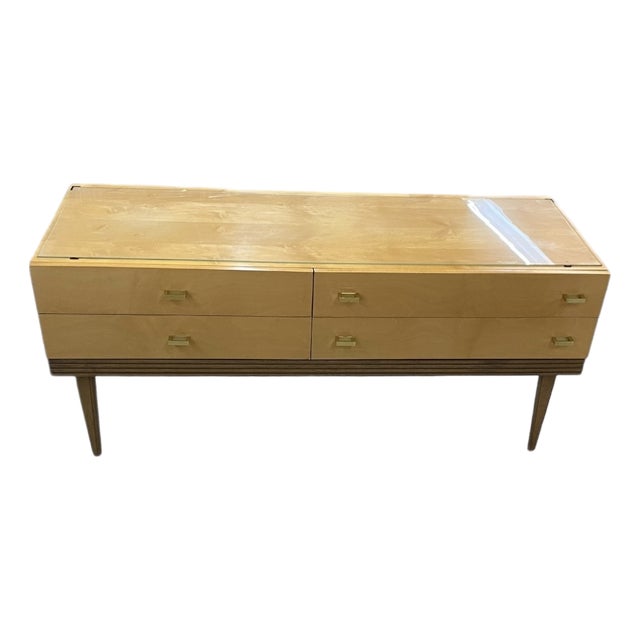 Mid-Century Dressing Table or Chest of Drawers in Maple Veneer with Brass Handles and Glass Top, Germany, 1950s-1960s For Sale