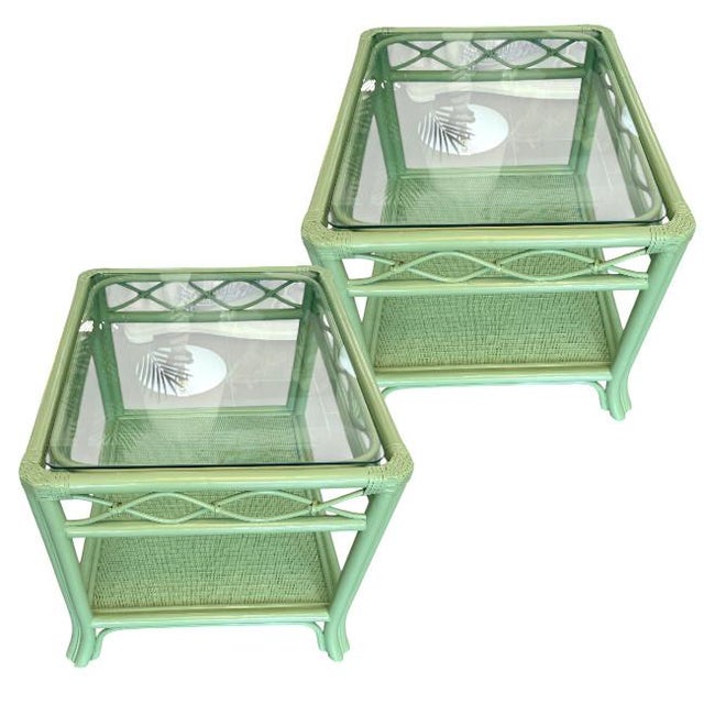 Green Vintage Coastal Rattan & Glass Side Tables For Sale - Image 8 of 8