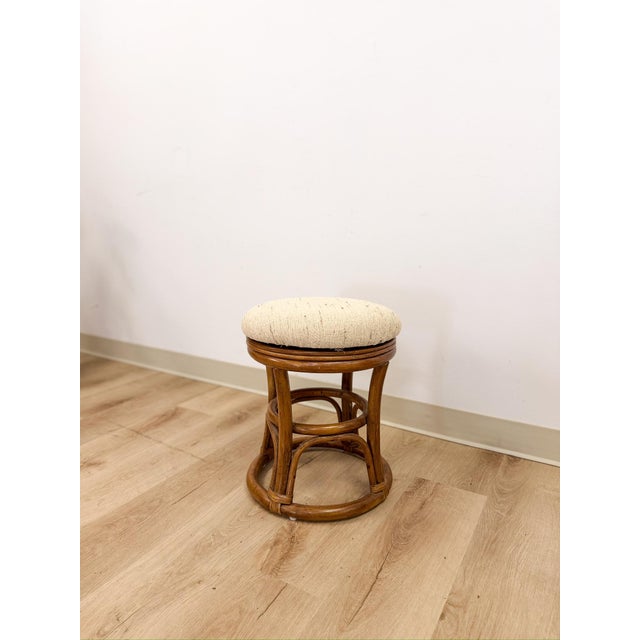 Mid-Century Modern Vintage Rattan Swivel Stool Beige Upholstered Coastal Boho Ottoman For Sale - Image 3 of 7
