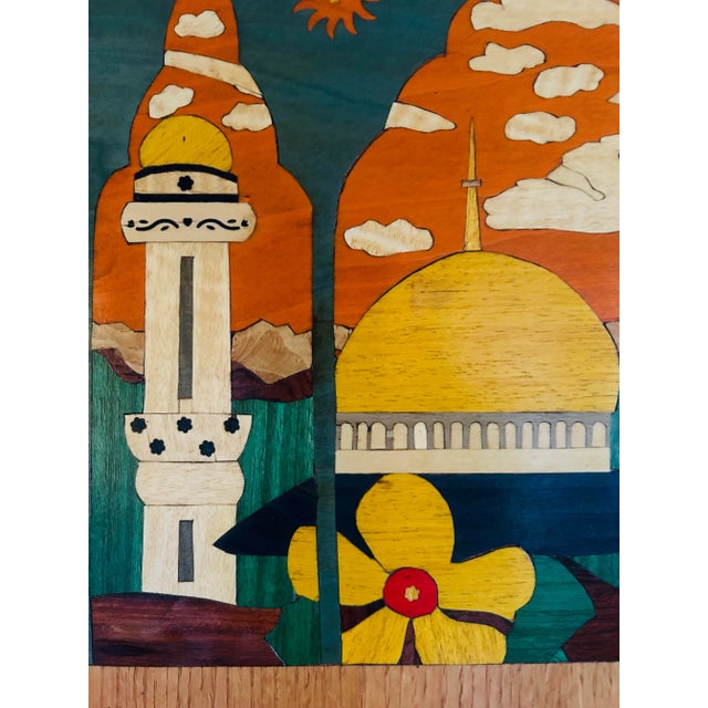 1960s Vintage Hand Made Inlaid Wood Plaque of Dome of the Rock in Jerusalem ~ Bright Colors For Sale - Image 5 of 6