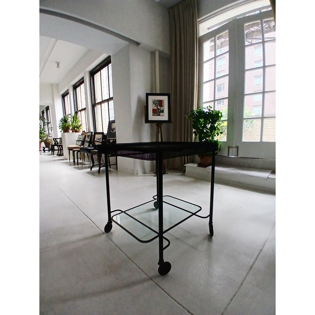 Modern Mathieu Matégot Metal Bar Cart, Glass Lower Shelf, Pleated Apron, France, 1950s For Sale - Image 3 of 17