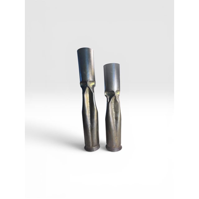 1970s Pair of Mid-Century Brutalist Patinated Bronze Sculptural Candleholders For Sale - Image 4 of 11