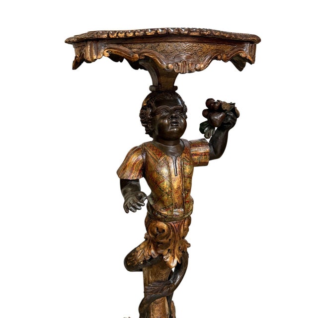 Pair of Mid-19th Century Italian Polychrome & Gilt Figural Pedestal Tables For Sale In Los Angeles - Image 6 of 10