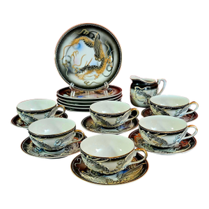 Early 20th Century Kutani Porcelain Tea Set With Dragon Moriage - 19 Pieces, Made in Japan