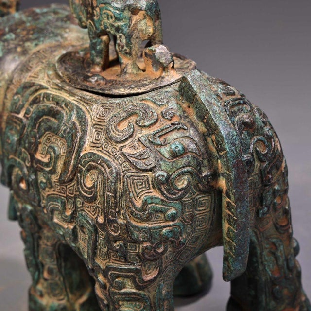 Early 20th Century Bronze Elephant Censer – 5.5" Archaic Style Zun Vessel With Cub Finial For Sale - Image 10 of 10