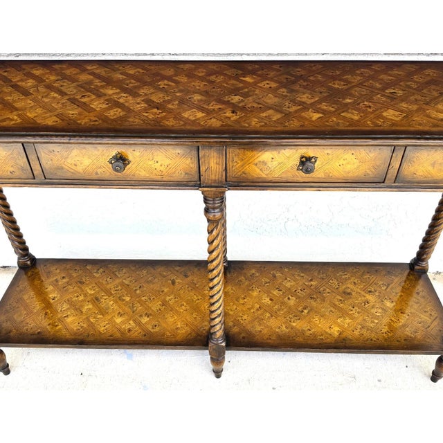 1990s Theodore Alexander Burl Parquetry Console Table With 4 Drawers For Sale - Image 5 of 18