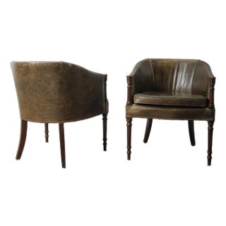 Pair of Vintage Green Leather Barrel Chairs With Turned Wood Legs and Nailhead Trim For Sale