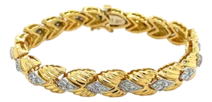 1990s 18k Two-Tone Gold Link Bracelet With Textured Finish and 1.30ctw in Diamonds