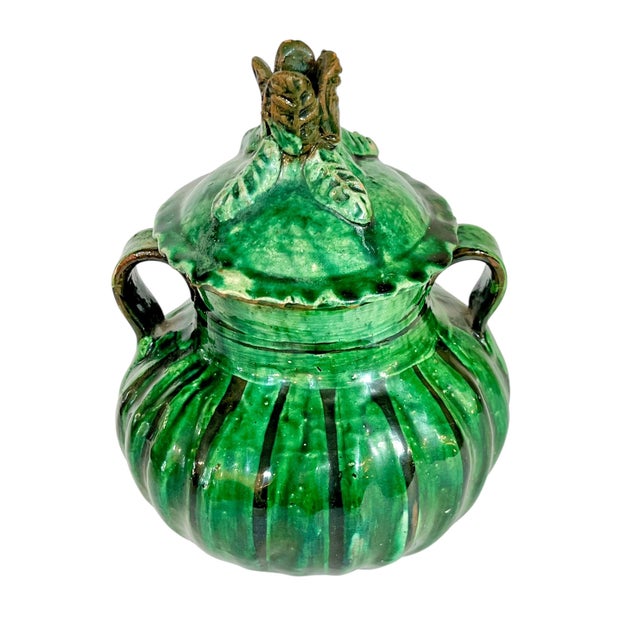 French Provincial Vintage French Provincial Glazed Green Terracotta 2 Handle Pot With Lid For Sale - Image 3 of 16
