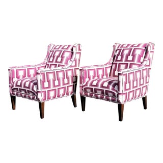 Vintage Pair of Club Lounge Chairs - Purple Geometric Upholstery Grade Fabric With Chrome Tacks For Sale