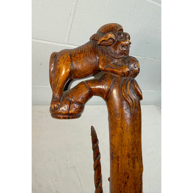 Large Antique 1800's Chinese Foo Dog Carved Wood Folk Art Walking Stick Cane For Sale In New York - Image 6 of 18