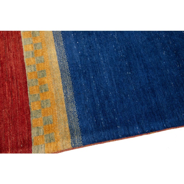 Blue Geometric Multicolor Modern Handmade Persian Gabbeh Wool Rug For Sale - Image 8 of 10