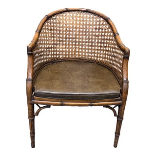 Mid-Century Faux Bamboo and Cane Barrel Back Chair With Leather Cushion For Sale