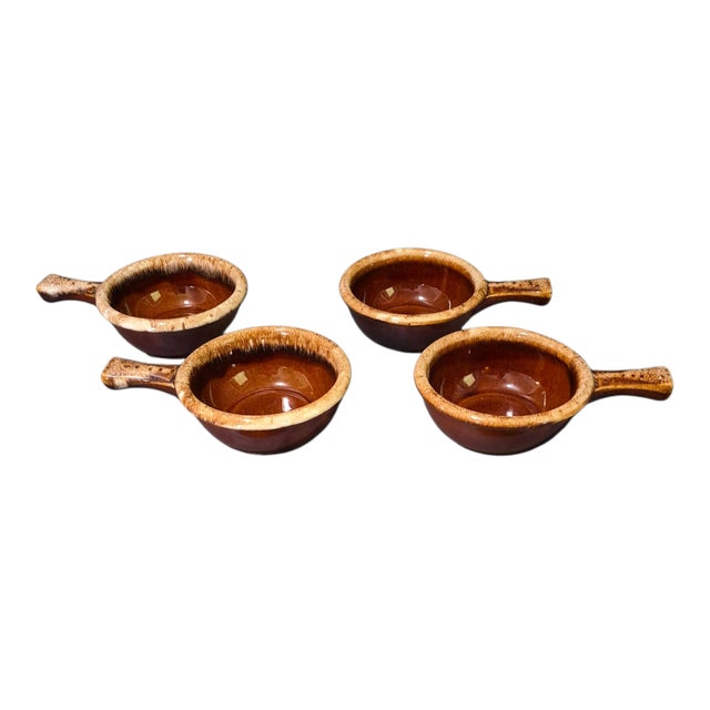 Ceramic Vintage Four Usa Hull Glazed Pottery Onion Soup Handle Bowls For Sale - Image 7 of 7