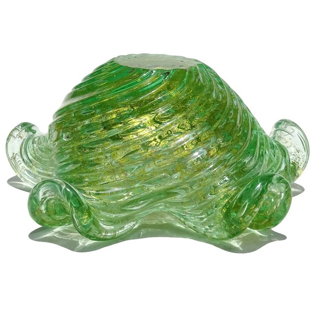 Green Vintage Barovier Toso Murano Green Bubbles Gold Flecks Italian Art Glass Flower Star Shape Bowl For Sale - Image 8 of 9