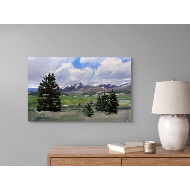 This oil painting captures the majestic landscape of Mt. Evans and Bierstadt in Colorado, showcasing a vibrant interplay...
