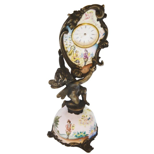Miniature Austrian Enamel Sterling Silver & Bronze Desk Clock For Sale In Los Angeles - Image 6 of 13