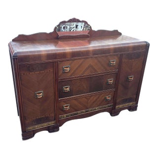 1930's Art Deco Vintage Waterfall Walnut Sideboard / Bar Cabinet / Dresser For Sale
