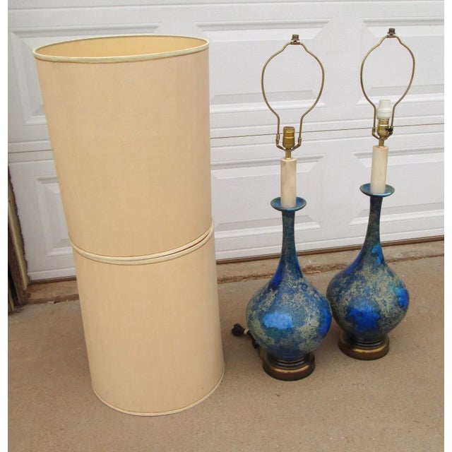 Mid 20th Century Mid 20th Century Helmut Bruchman Style Mid Century Modern Blue Glaze Ceramic Lamps - a Pair For Sale - Image 5 of 12