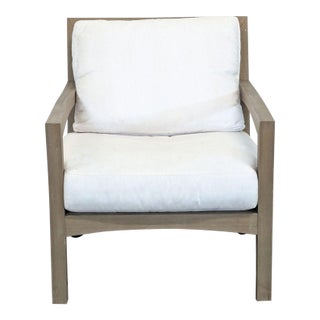 Pottery Barn Modern Outdoor Wood Frame Armchair With White Cushions, Attributed For Sale