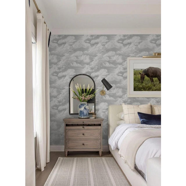 Children's Kipling Clouds Etching Traditional Wallpaper – Vintage Gray Double Roll For Sale - Image 3 of 7