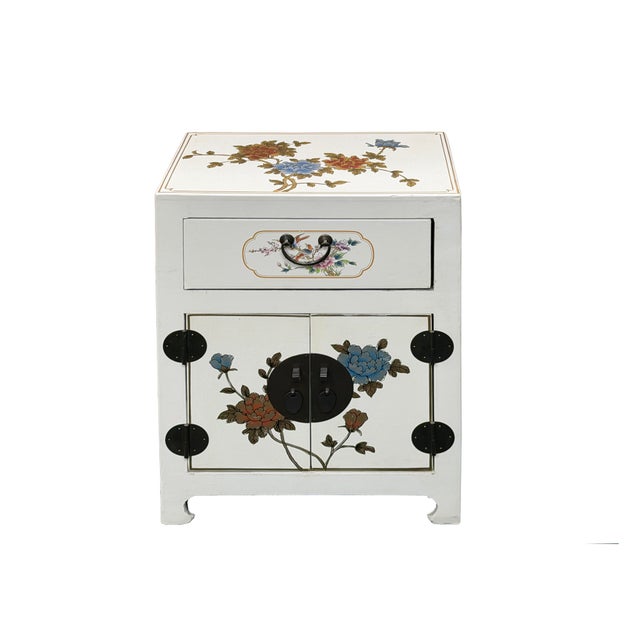 Chinese Chinese Off White Vinyl Moon Face Flower Graphic End Table Nightstand For Sale - Image 3 of 12