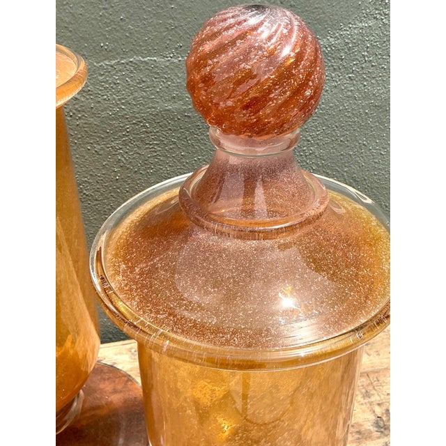 Glass Vintage Murano Vietri Amber Glass Apothecary Jars - Pair For Sale - Image 7 of 12