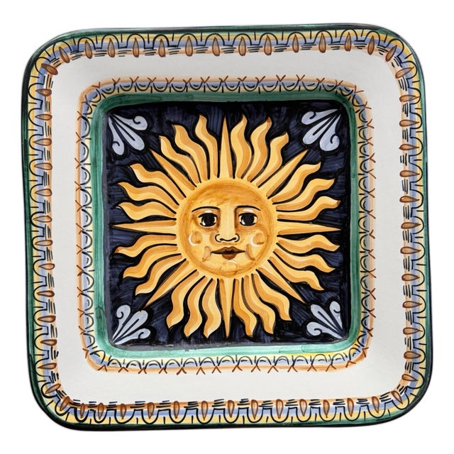 Vintage Italian Castelli Majolica Hand Painted Cheerful Sun Wall Platter For Sale