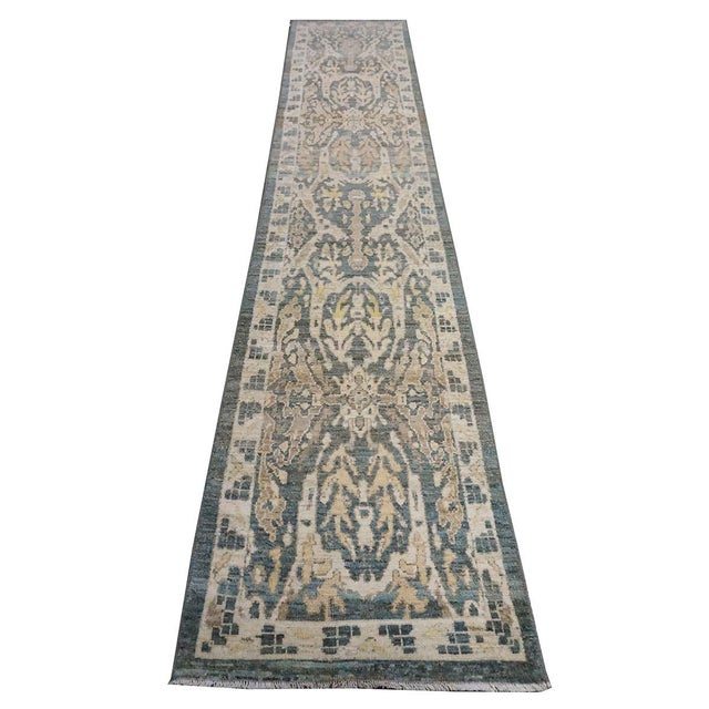 21st Century Turkish Sultanabad Master 3x14 Slate Blue, Ivory, & Tan Handmade Runner Rug #1144100 For Sale - Image 4 of 11