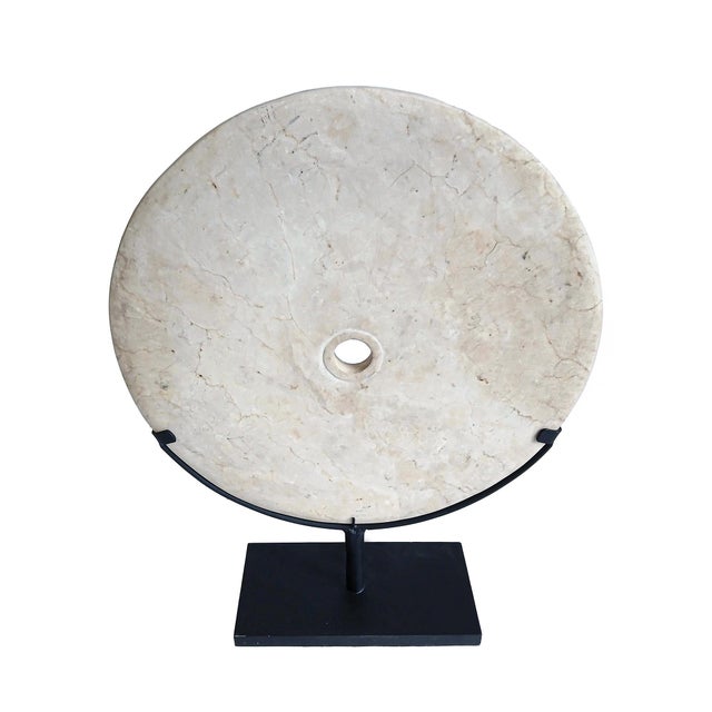 Contemporary Hand-Carved Indonesian 16-Inch Marble Disk on Metal Stand, Modern Design For Sale - Image 3 of 16