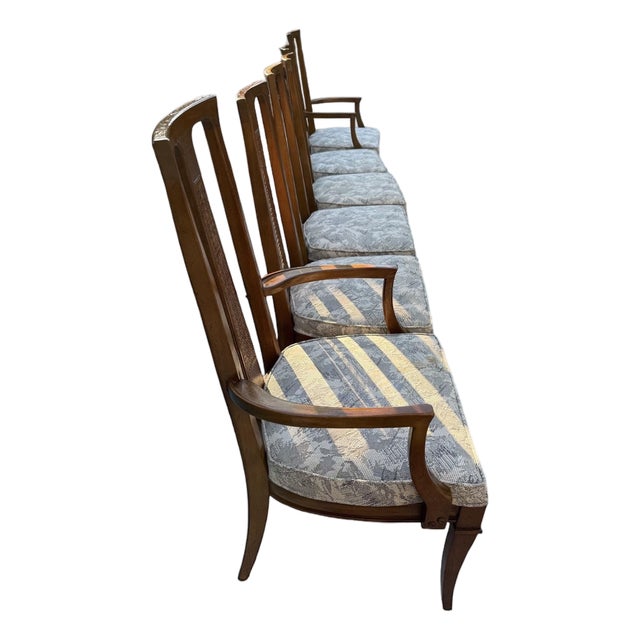 Set of 6 1960s Triune Dining Chairs – Mid-Century Modern Walnut & Cane Attributed to Drexel For Sale