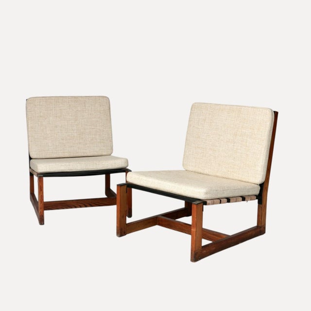 Lounge Chairs with Wooden Frames, Fabric Strap Seats, Metal Slat Backrests and Beige Upholstery France, 1950s, Set of 2 For Sale - Image 15 of 15
