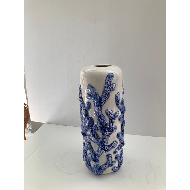 Blue Blue Coral on White Glazed Ceramic Vase For Sale - Image 8 of 9
