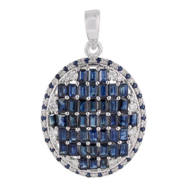 Art Deco Baguette Cut Blue Sapphire & Diamond Mosaic Statement Pendant | 3.45 TCW For Sale