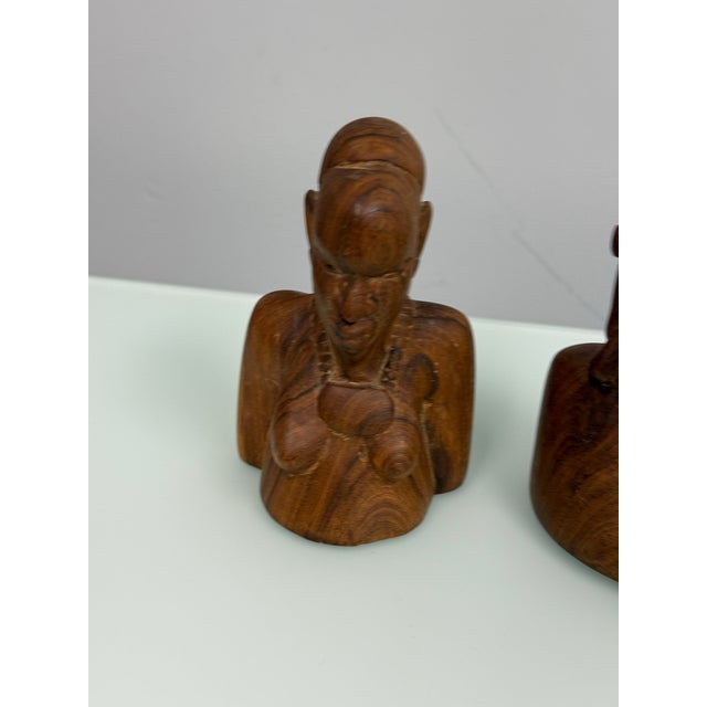 Brown Vintage Maasai Hand-Carved Wood Bust Sculptures, Pair For Sale - Image 8 of 12