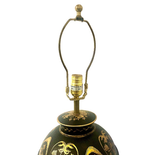 Antique Tole Brown and Gilt Decorated Tea Canisters as 20th-Century Lamps - Pair For Sale - Image 9 of 13