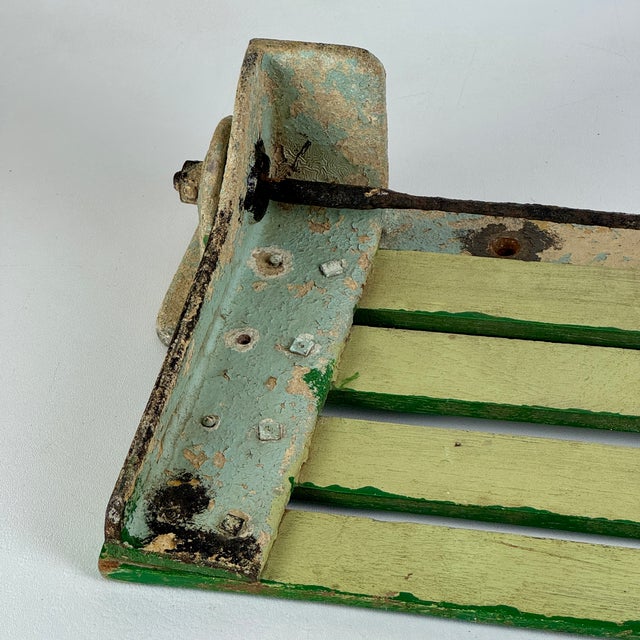 Industrial Salvaged Vintage Wall Mounted Green Painted Wood Slats & Iron Fold Down Shelf/Bench For Sale - Image 10 of 12