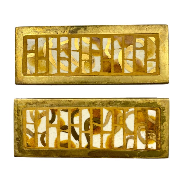 1970s Post Mid Century Cast Brass W/Ceramic Yellow, White, & Gold Tiled Furniture Handles - a Pair For Sale In Los Angeles - Image 6 of 6