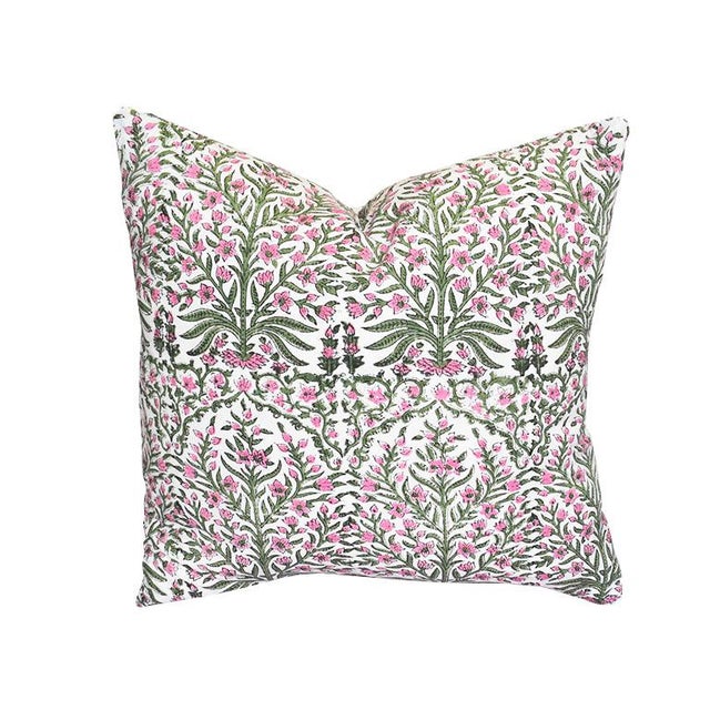 Pink and Green Block Print Down Filled Pillows 20” X 20” - India For Sale In Oklahoma City - Image 6 of 6