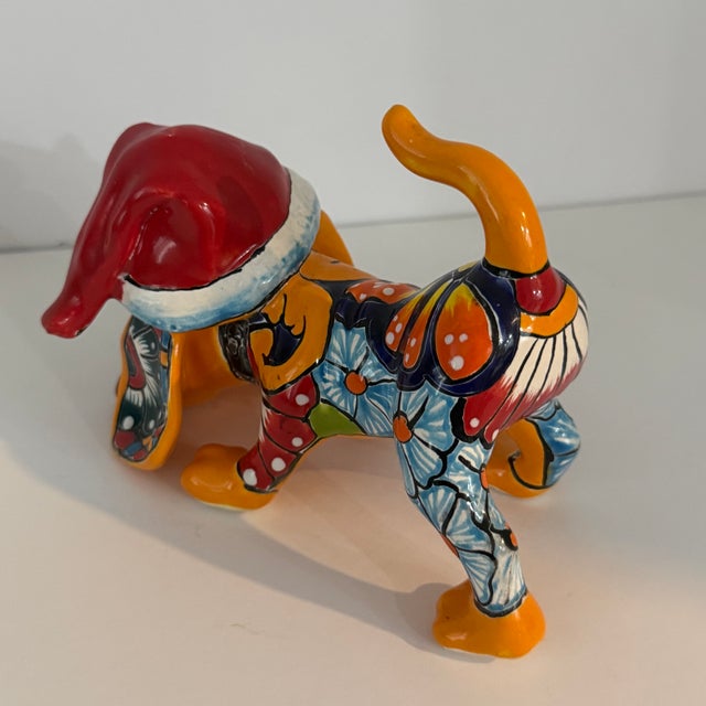Shabby Chic Talavera Mexican Pottery Dog Hound, Christmas Puppy, Hand Painted Dog Statue For Sale - Image 3 of 12