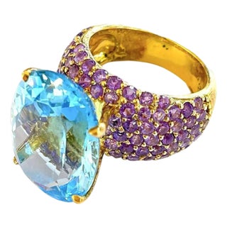 Bochic "Orient" Vintage Blue Topaz & Pink Sapphire Cocktail Ring 18K Gold & Silver, Size 7 For Sale