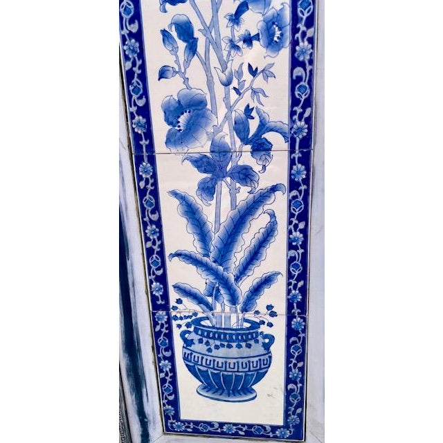 Ceramic Pair of Framed Hand-Painted Chinoiserie Blue & White Ceramic Tile Panels From a Hollywood Props House For Sale - Image 7 of 11