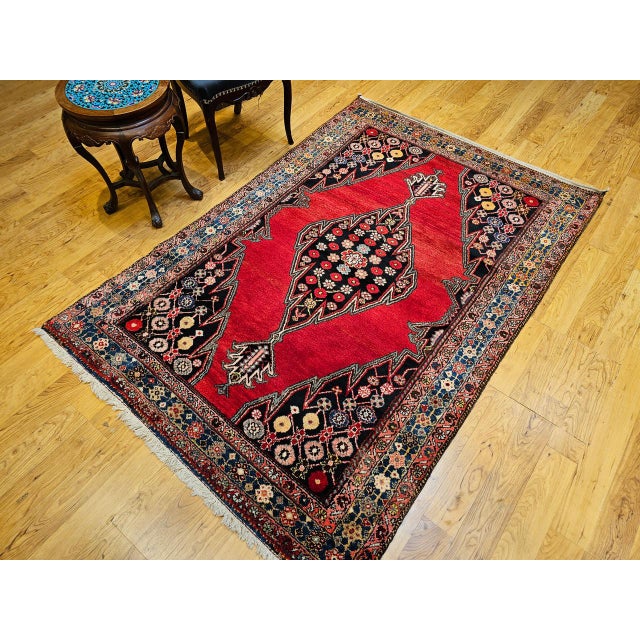 Vintage Persian Mazgalan Area Rug, Hand-Knotted Wool, Geometric Pattern, 5x7, Red & Navy For Sale - Image 10 of 18