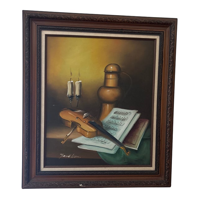 Original Painting on Canvas With Violin Still Life by Frank Lean Framed For Sale