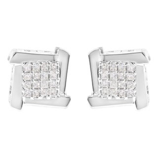 10K White Gold 1/2 Cttw Composite Princess Diamond Square and Swirl Stud Earrings, A Pair For Sale