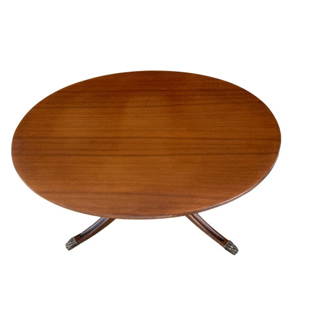 Vintage Duncan Phyfe Style Mahogany Oval Coffee Table – Federal Neoclassical Pedestal Base With Reeded Saber Legs & Brass Claw Feet For Sale - Image 9 of 9