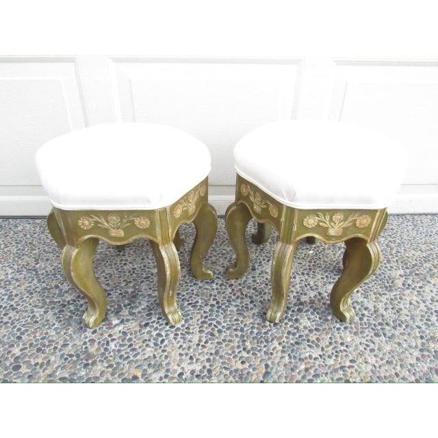 Pair of antique painted French footstools, c.1920 A good looking pair of hexagonal shaped footstools recently fully...